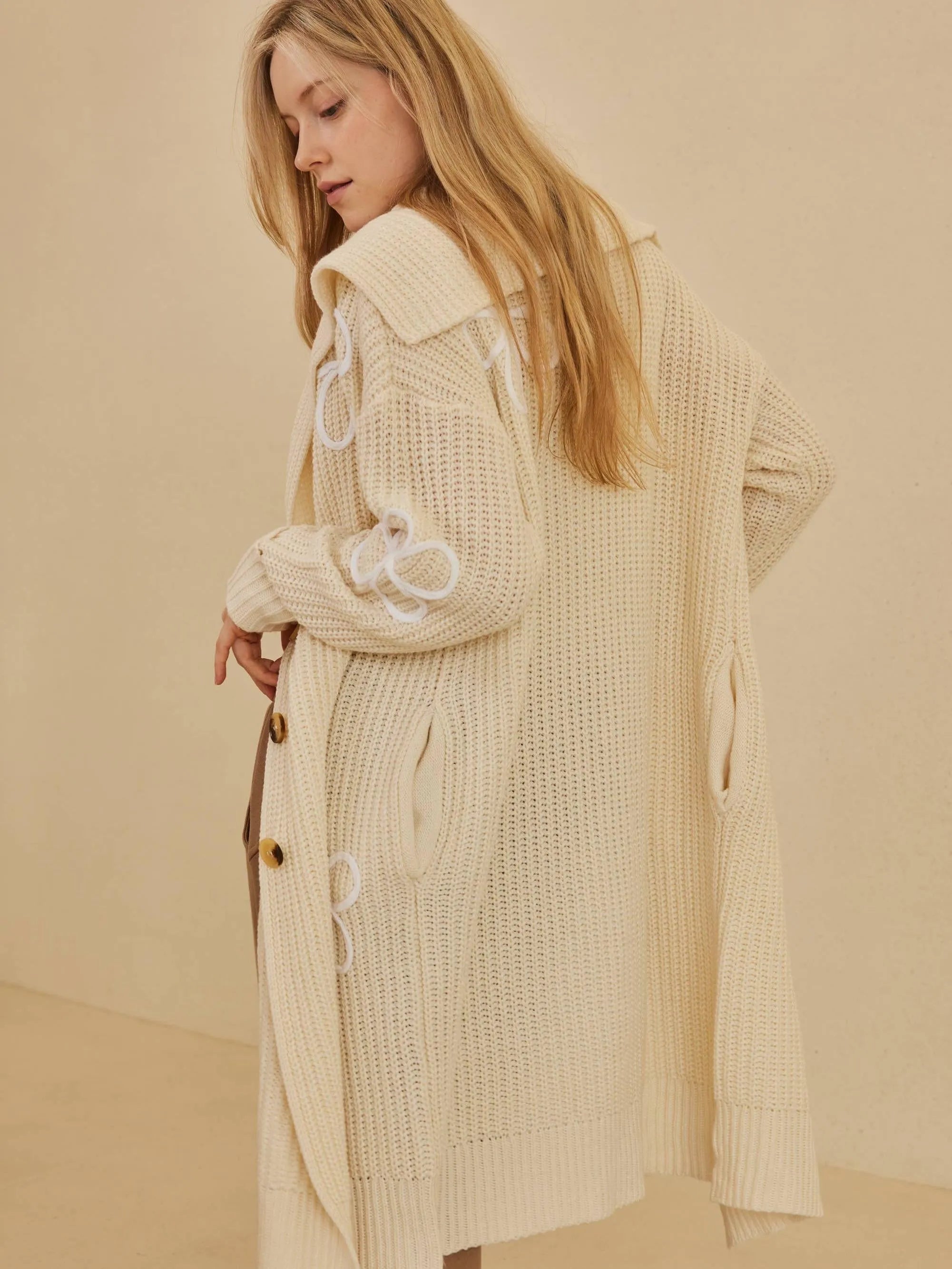 Wild Bloom Overstitch Wide Collar Long Cardigan-Women's Shirts & Tops-Shop Z & Joxa