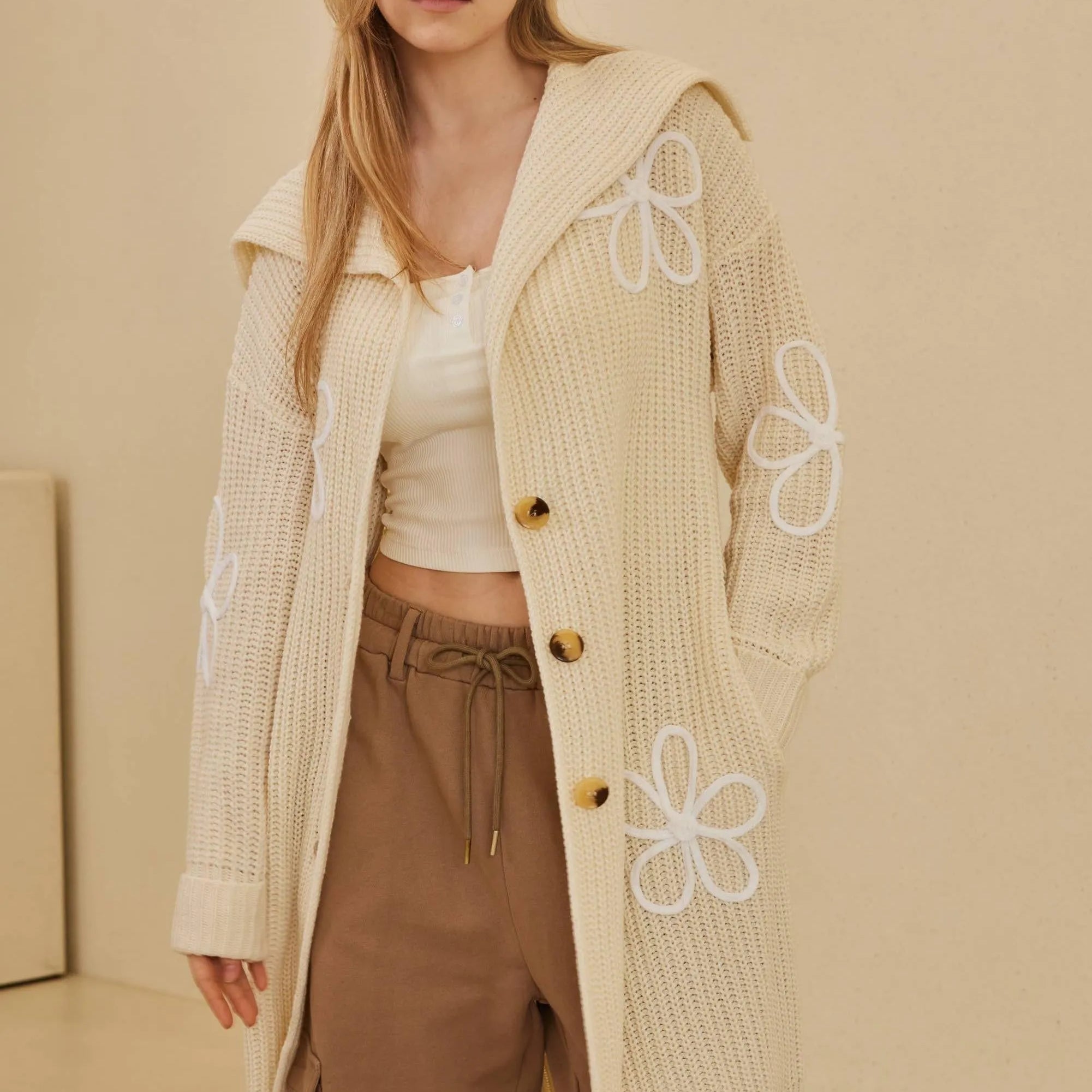 Wild Bloom Overstitch Wide Collar Long Cardigan-Women's Shirts & Tops-Shop Z & Joxa