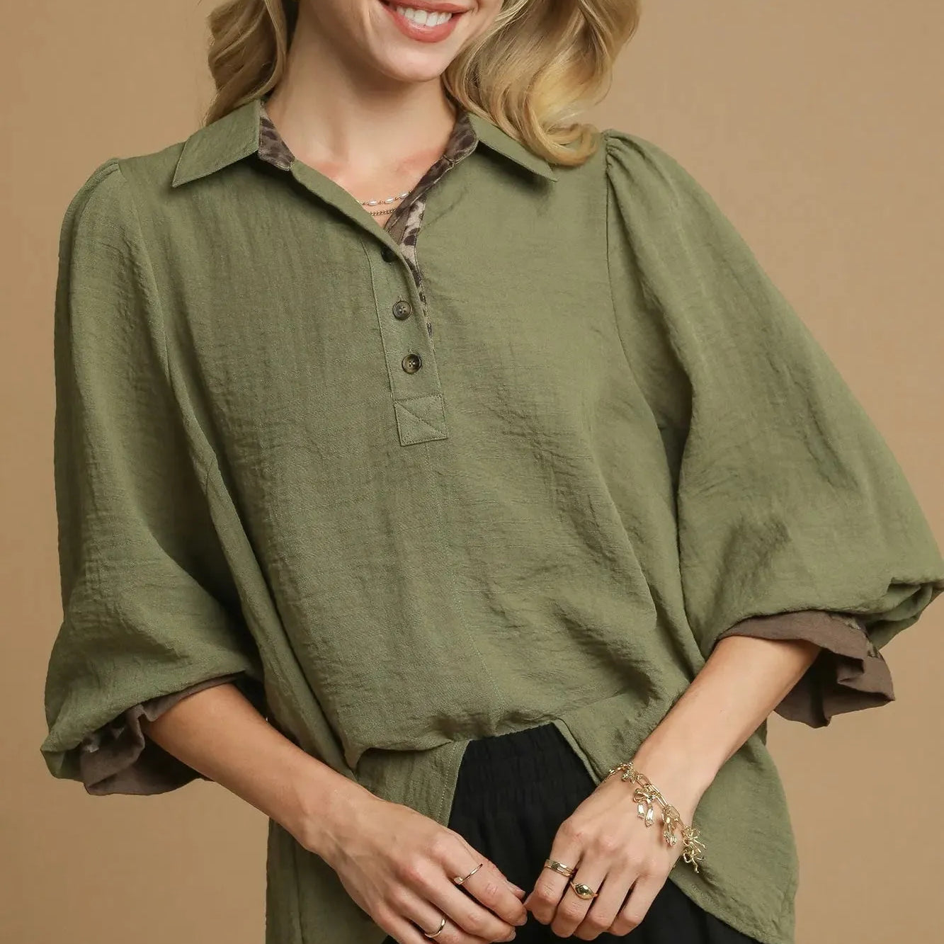 Wild Touch Olive Half Button Blouse by Umgee-Women's Shirts & Tops-Shop Z & Joxa