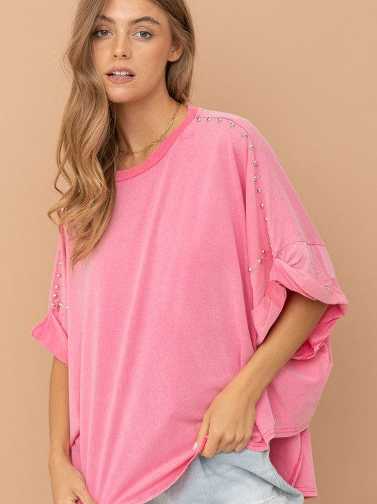 World of Freedom Studded Oversized High Low Tee Shirt-Women's Clothing-Shop Z & Joxa