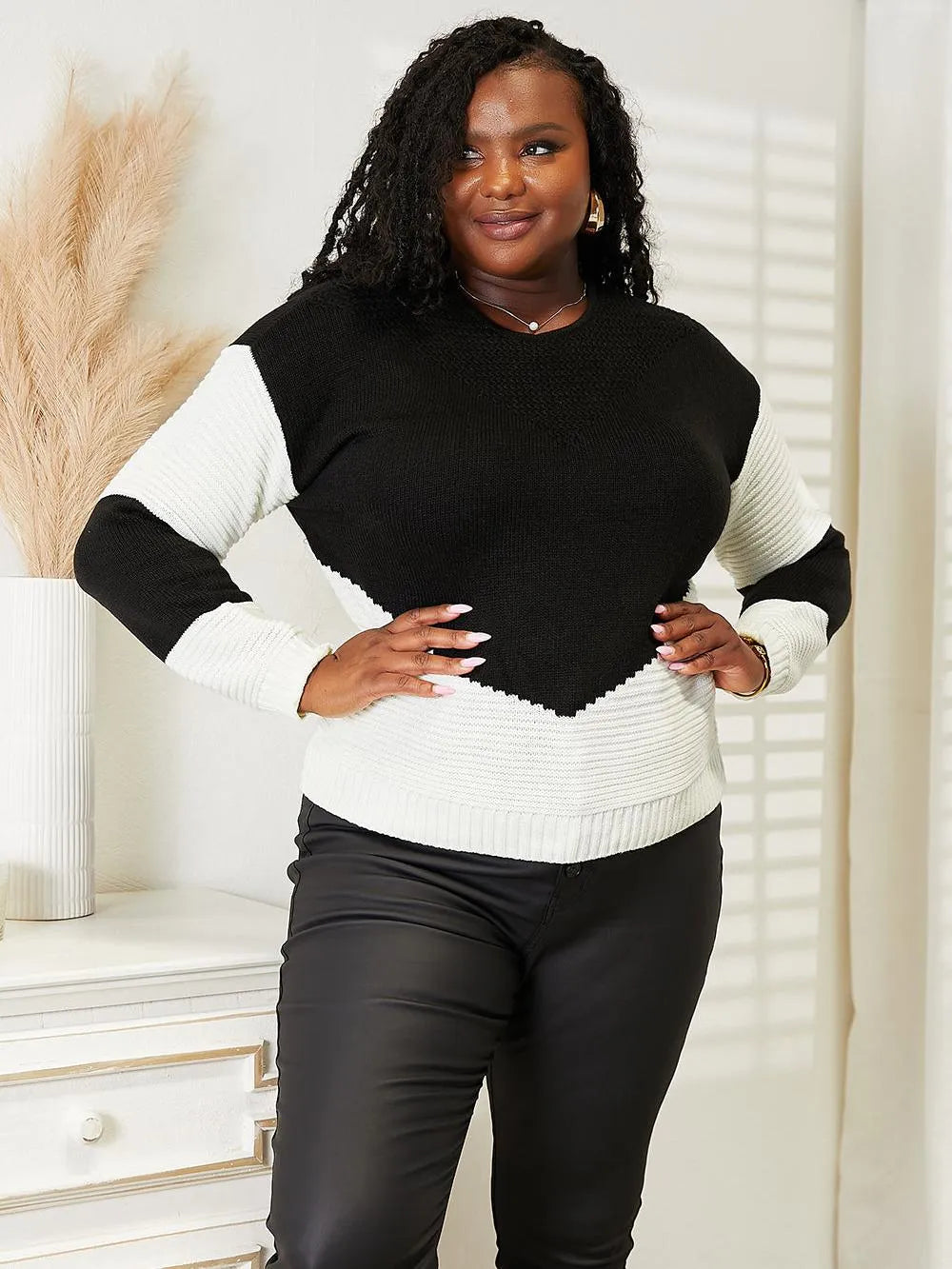 Woven Right Chic Harmony Black and White Openwork Knit Sweater-Women's Shirts & Tops-Shop Z & Joxa