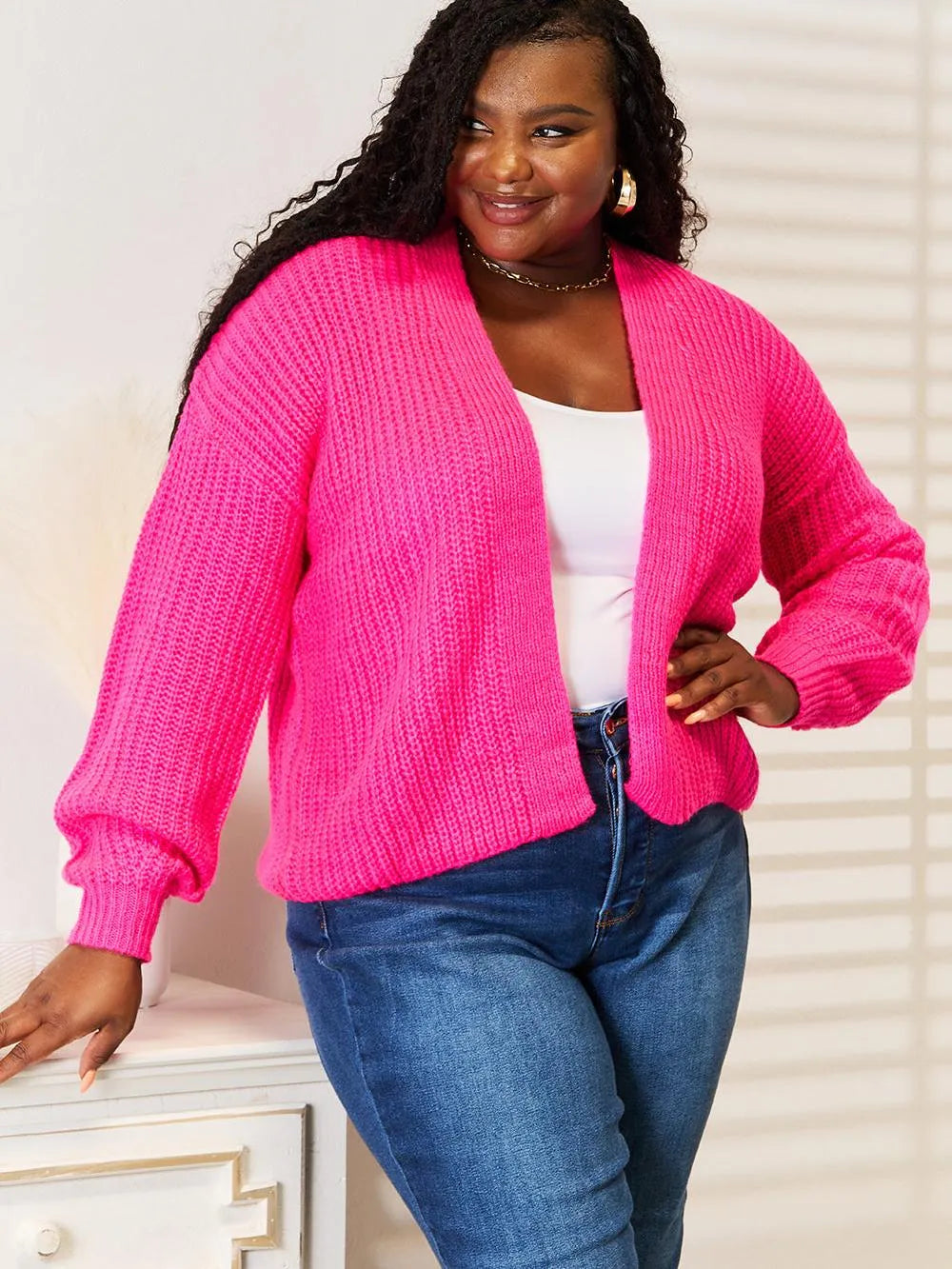 Woven Right Pink Crush Rib-Knit Open Front Cardigan-Women's Shirts & Tops-Shop Z & Joxa
