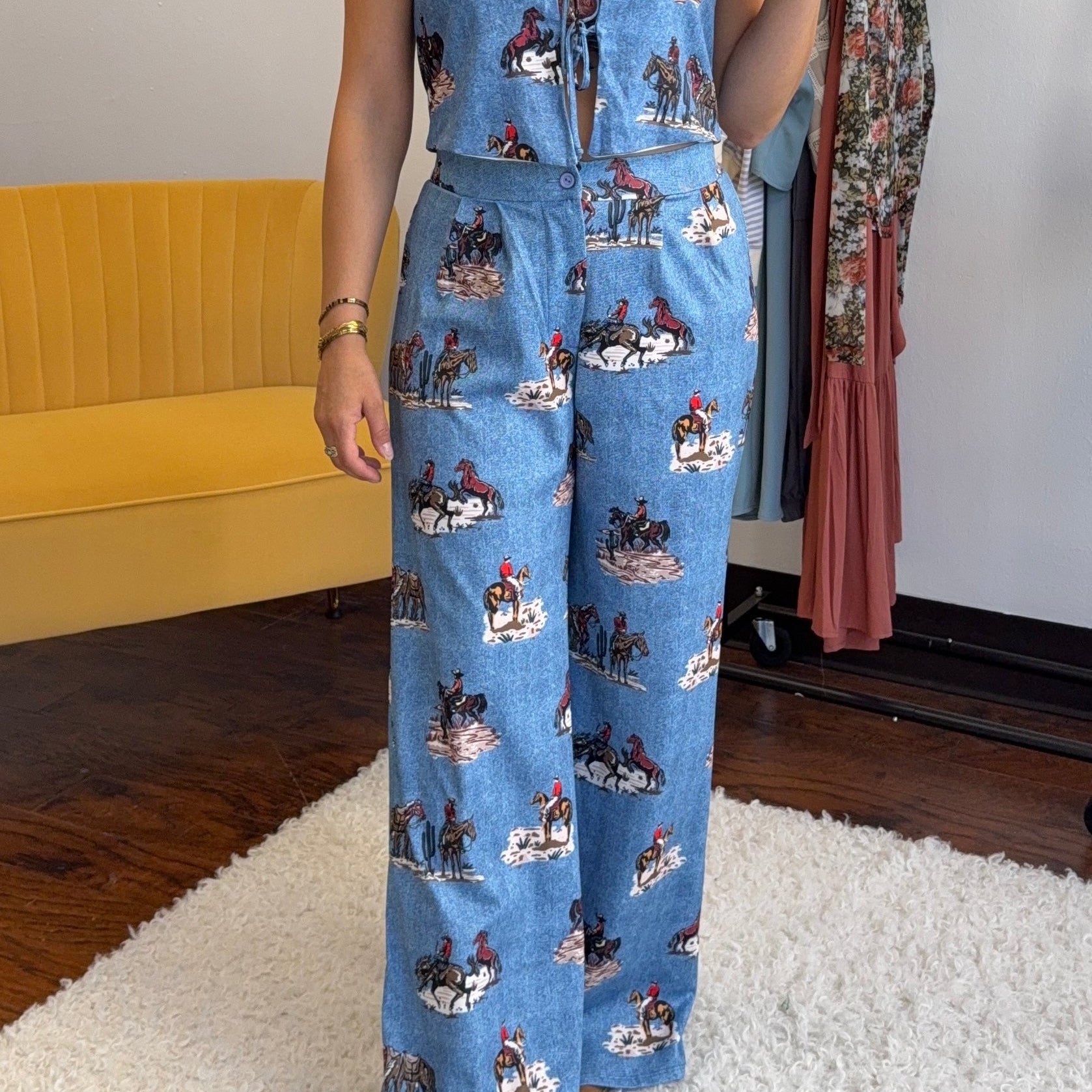 Yeehaw on Repeat Western Elastic Hight Waist Wide Leg Pants-Women's Pants-Shop Z & Joxa