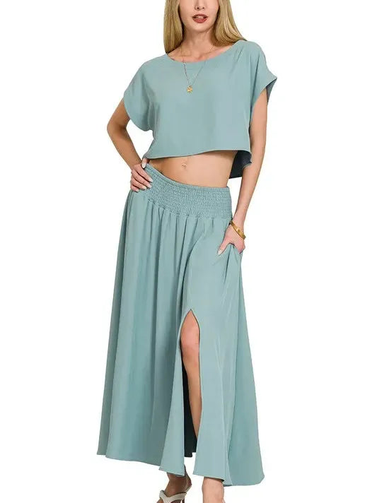 Zenana Make it Stylish Heavy Woven Cropped Tee & Skirt Set-Women's Sets-Shop Z & Joxa
