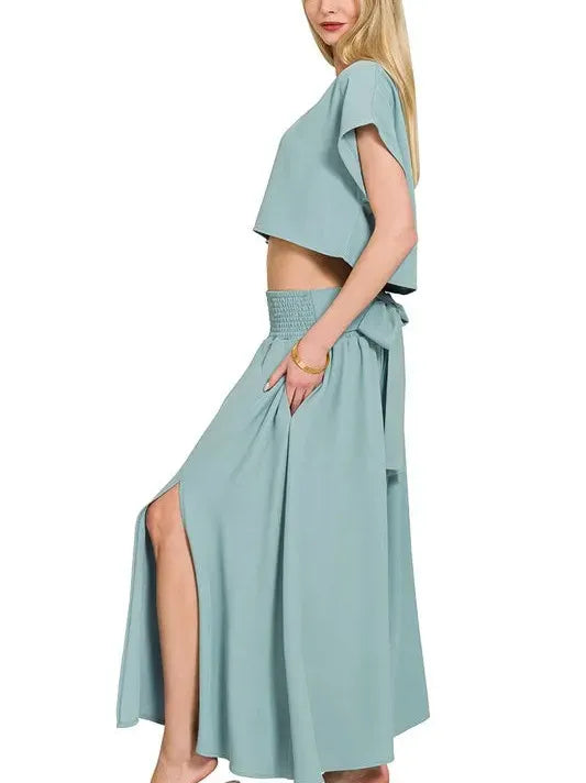 Zenana Make it Stylish Heavy Woven Cropped Tee & Skirt Set-Women's Sets-Shop Z & Joxa