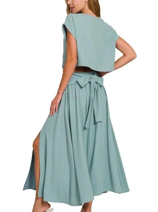 Zenana Make it Stylish Heavy Woven Cropped Tee & Skirt Set-Women's Sets-Shop Z & Joxa