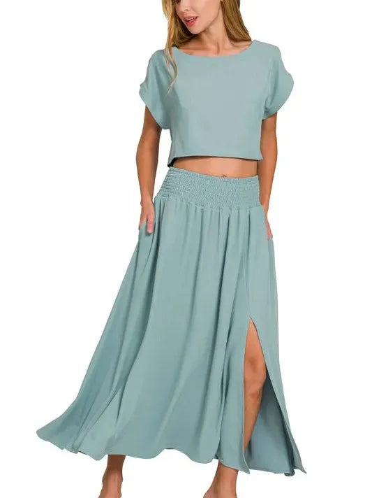 Zenana Make it Stylish Heavy Woven Cropped Tee & Skirt Set-Women's Sets-Shop Z & Joxa