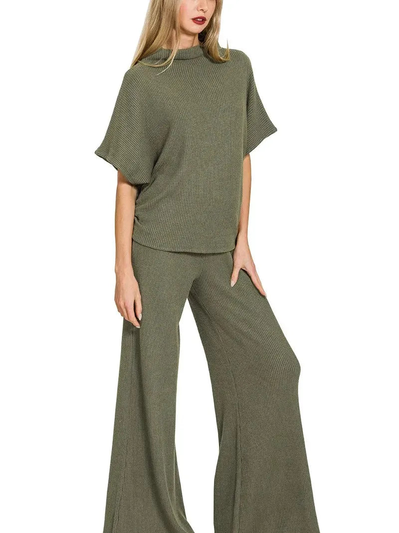 Zenana Olive Allure Knit Mock Neck Top and Pants Lounge Set-Women's Sets-Shop Z & Joxa