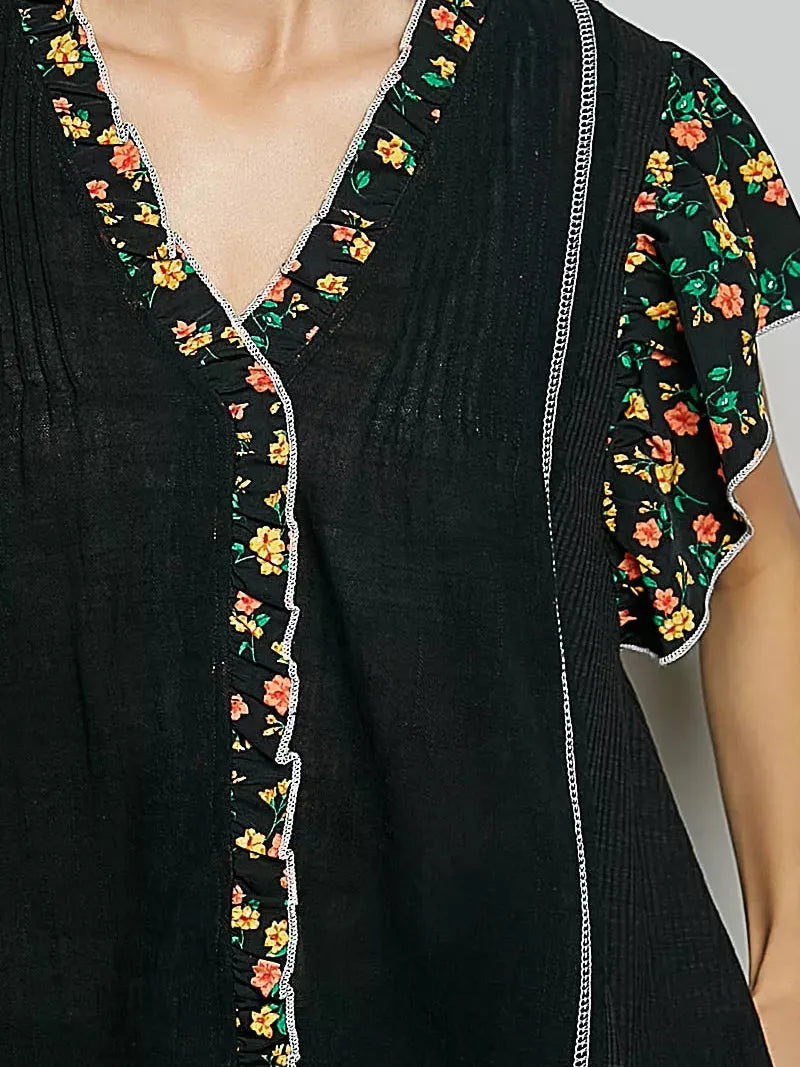 POL Midnight Floral V-Neck Ruffle Sleeve Blouse-Shirts & Tops-Shop Z & Joxa