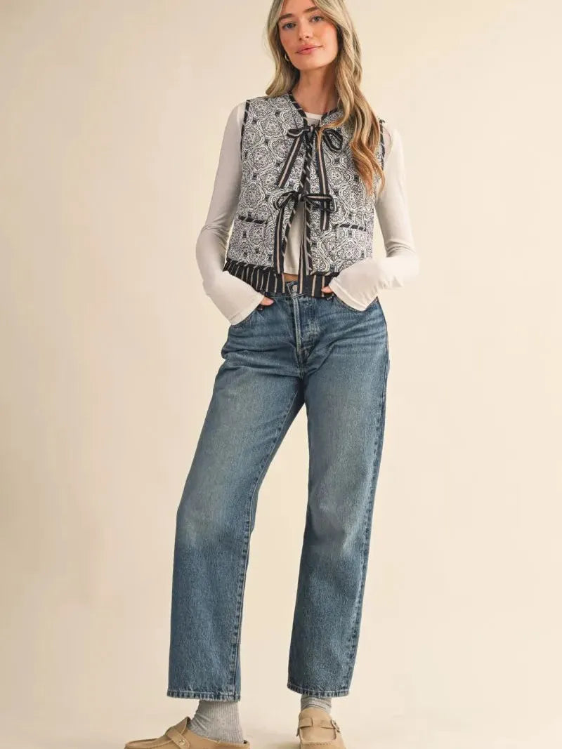 Prints Charming Navy Ruffle Trim Tie Front Quilted Vest-Women's Outerwear-Shop Z & Joxa