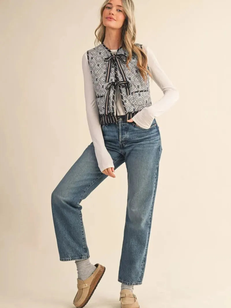 Prints Charming Navy Ruffle Trim Tie Front Quilted Vest-Women's Outerwear-Shop Z & Joxa