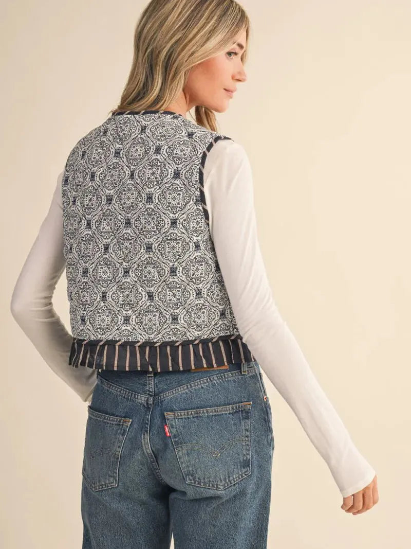 Prints Charming Navy Ruffle Trim Tie Front Quilted Vest-Women's Outerwear-Shop Z & Joxa