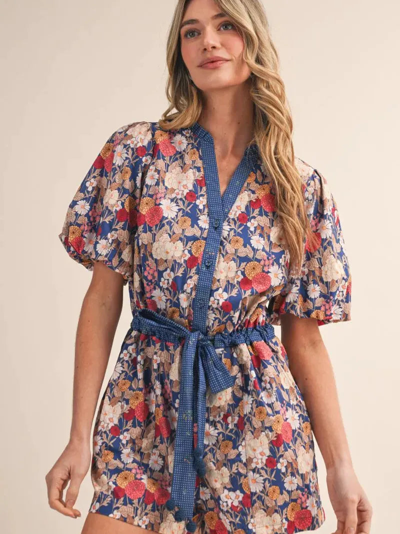 Field of Dreams Blue Floral Bubble Sleeve Romper-Women's Rompers-Shop Z & Joxa