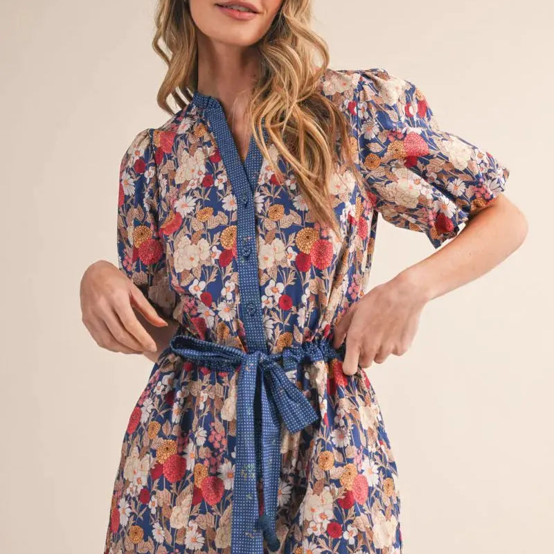 Field of Dreams Blue Floral Bubble Sleeve Romper-Women's Rompers-Shop Z & Joxa