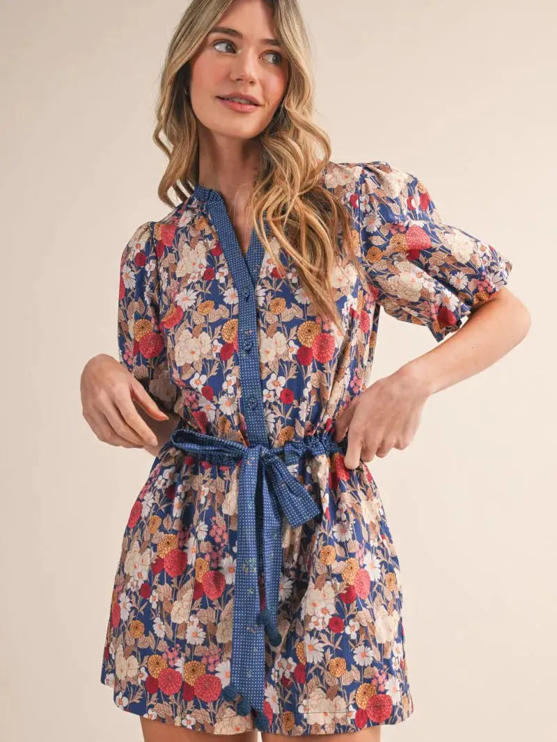 Field of Dreams Blue Floral Bubble Sleeve Romper-Women's Rompers-Shop Z & Joxa