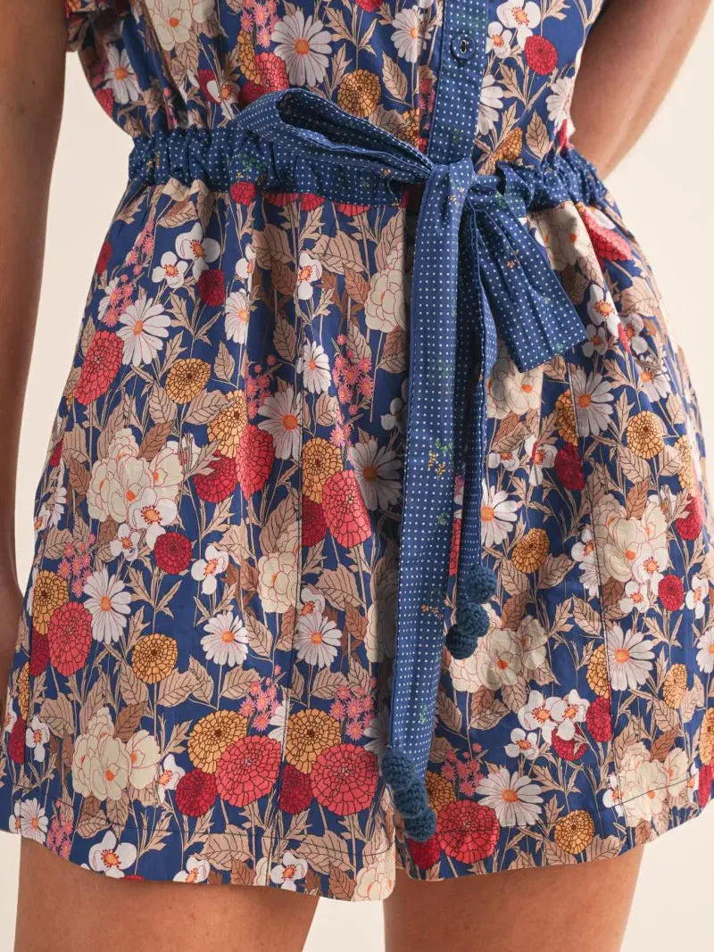 Field of Dreams Blue Floral Bubble Sleeve Romper-Women's Rompers-Shop Z & Joxa