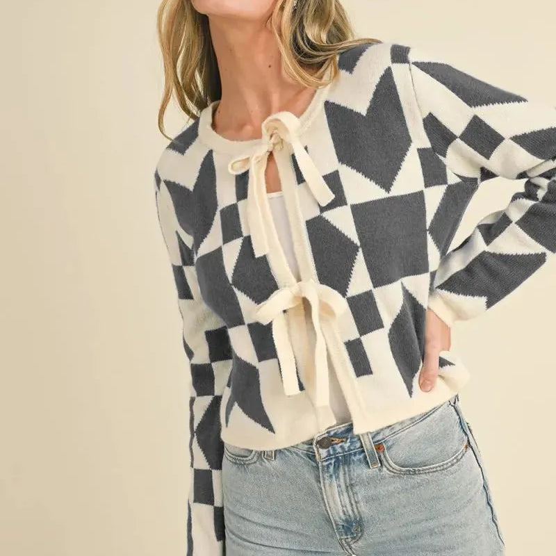 Modern Romance Charcoal Geometric Bow Front Sweater Cardigan-Women's Shirts & Tops-Shop Z & Joxa