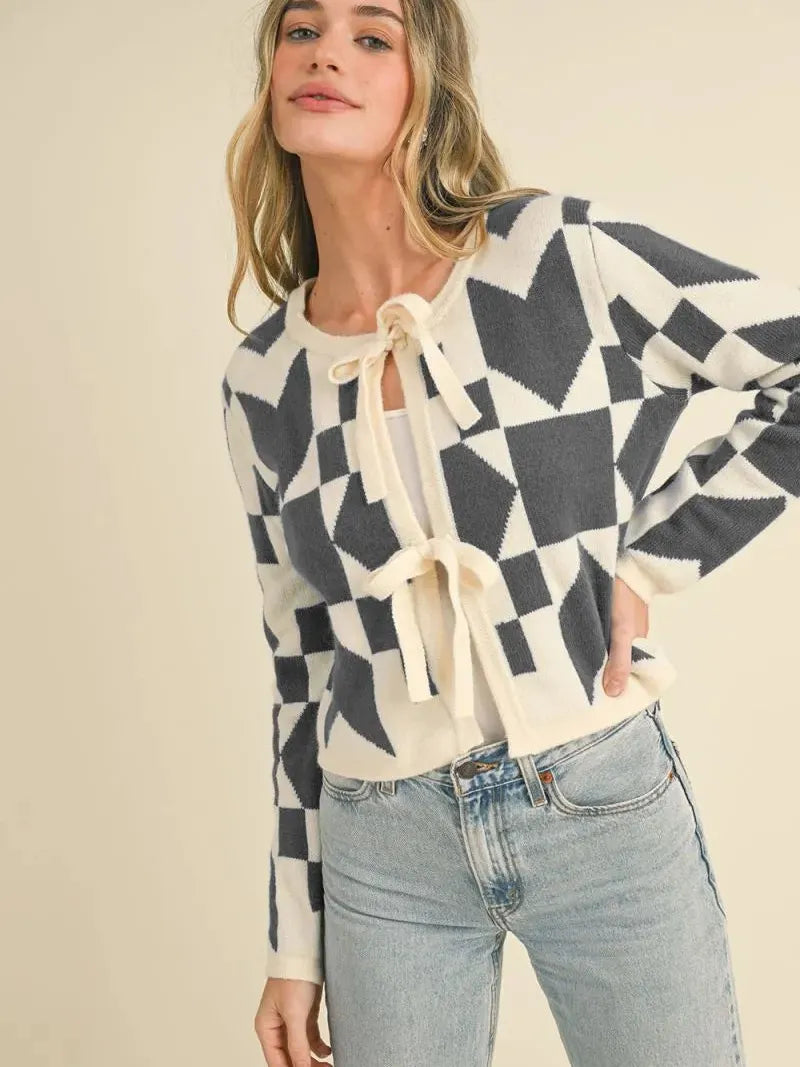 Modern Romance Charcoal Geometric Bow Front Sweater Cardigan-Women's Shirts & Tops-Shop Z & Joxa