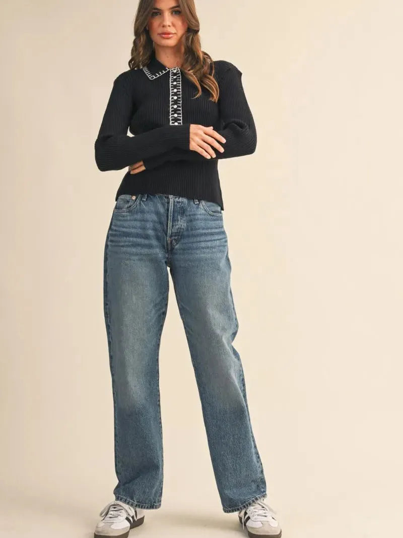 Polished Edge Black Contrast Stitch Collared Ribbed Sweater-Women's Shirts & Tops-Shop Z & Joxa