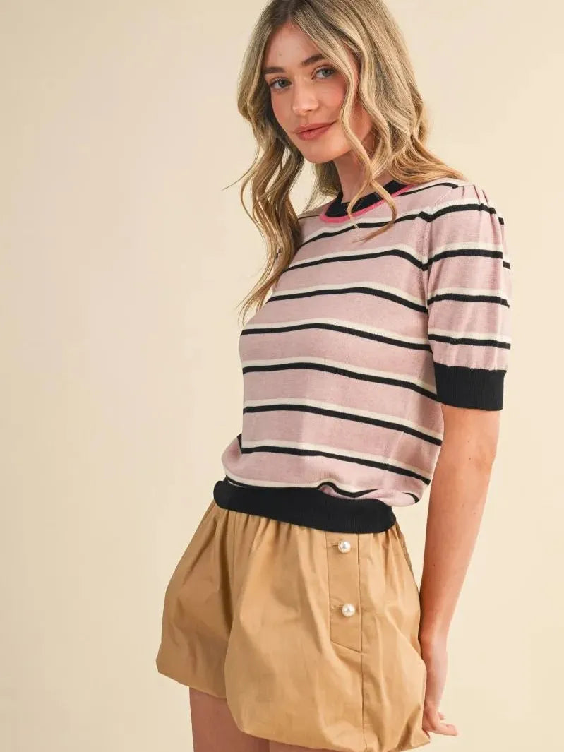 Stripe It Up Pink & Black Short Sleeve Knit Sweater Top-Women's Shirts & Tops-Shop Z & Joxa