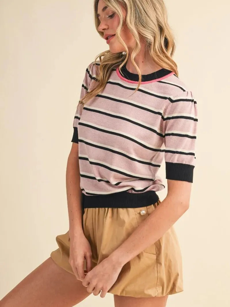 Stripe It Up Pink & Black Short Sleeve Knit Sweater Top-Women's Shirts & Tops-Shop Z & Joxa