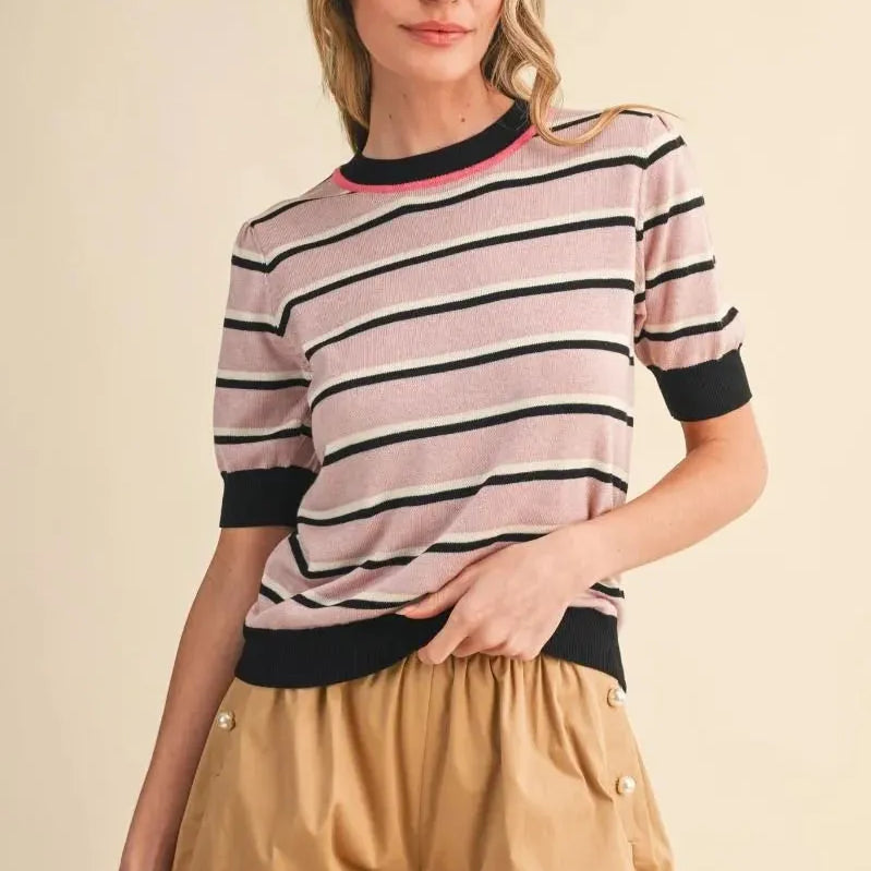 Stripe It Up Pink & Black Short Sleeve Knit Sweater Top-Women's Shirts & Tops-Shop Z & Joxa