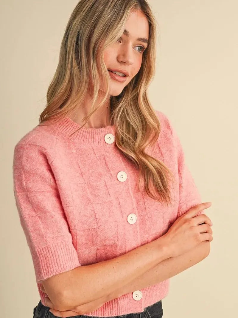 Sweet on You Pink Basket Weave Short Sleeve Cardigan-Women's Shirts & Tops-Shop Z & Joxa