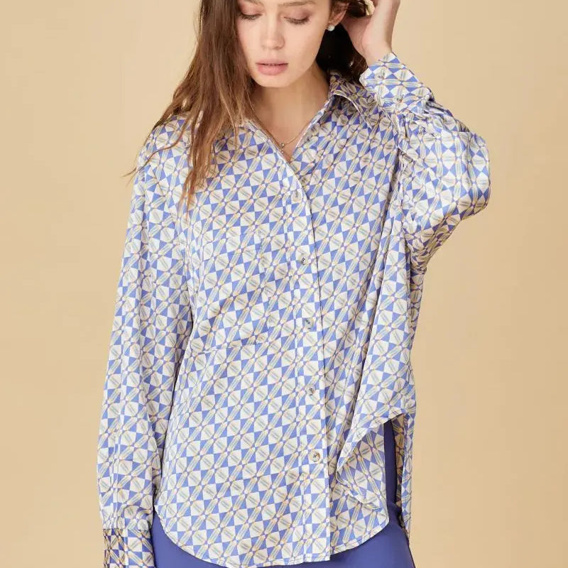Blue Theory Palace Blue Geometric Print Button Down Top-Women's Shirts & Tops-Shop Z & Joxa