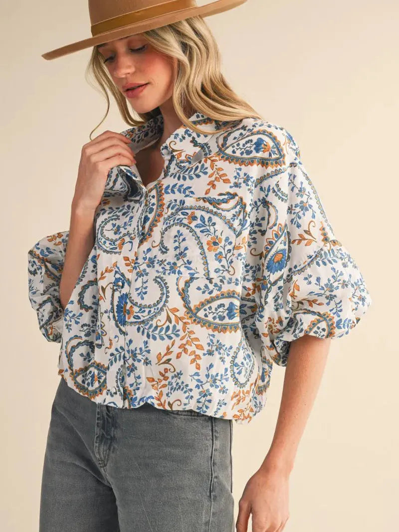 Paisley Daydream Teal Blue Paisley Bubble Sleeve Button Down Top-Women's Shirts & Tops-Shop Z & Joxa