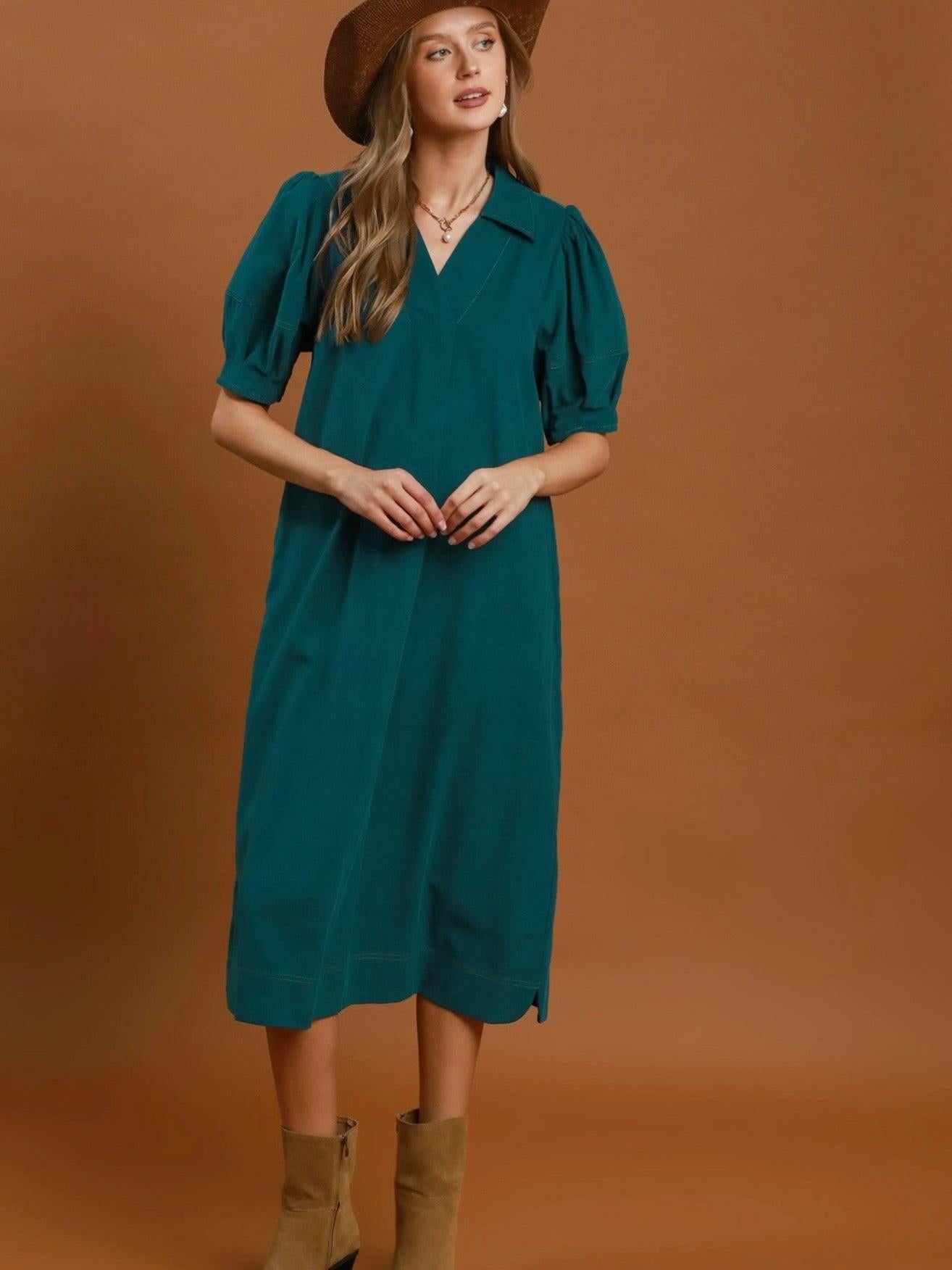 Howdy Honey Teal Puff Sleeve Midi Dress