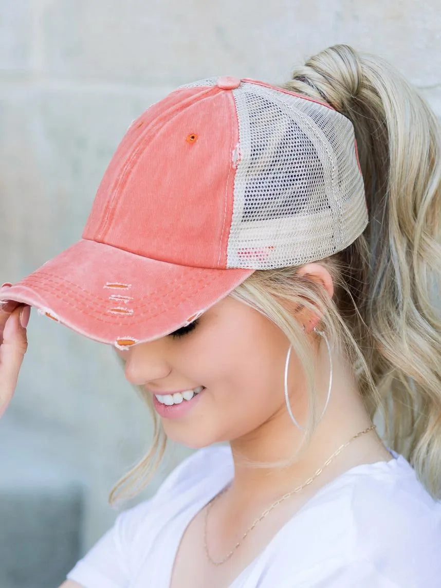 Aili's Corner Hot Mess Distressed Messy Bun Ball Hat-Women's Accessories-Shop Z & Joxa
