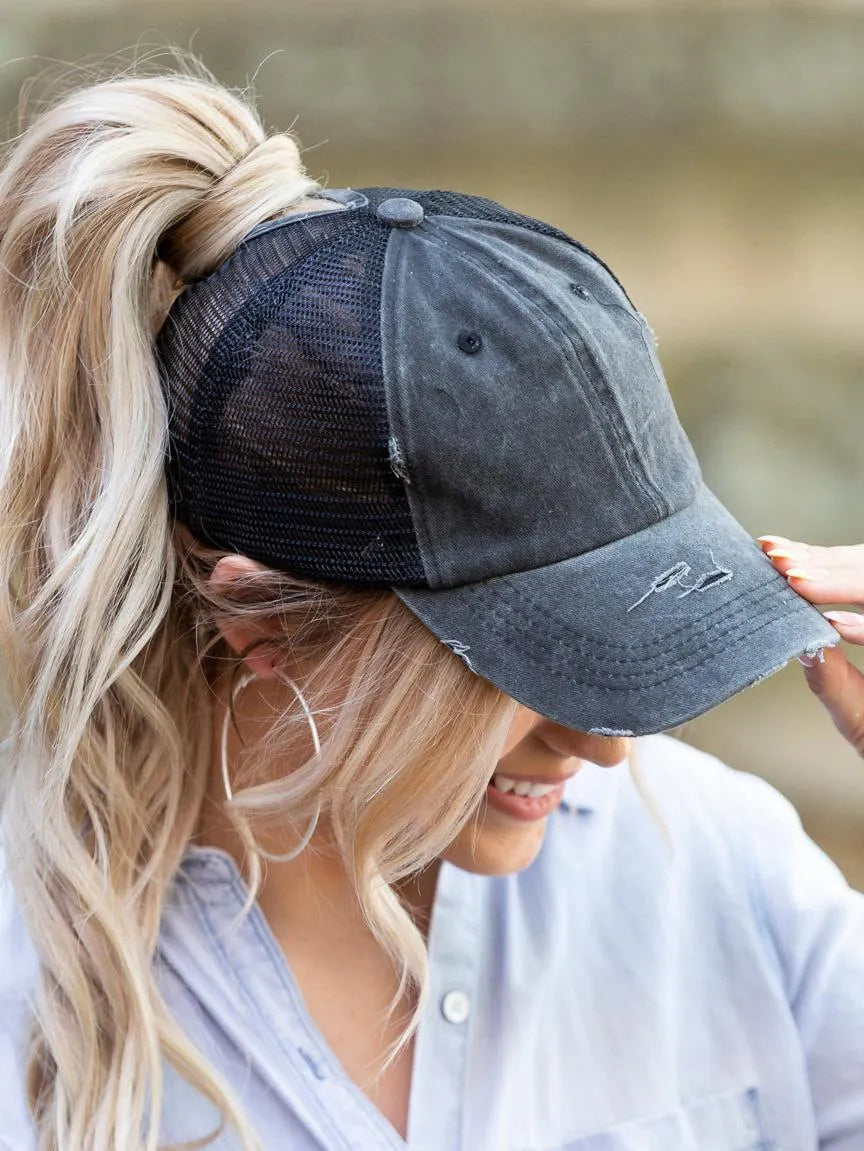 Aili's Corner Hot Mess Distressed Messy Bun Ball Hat-Women's Accessories-Shop Z & Joxa