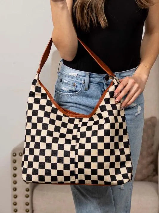 Aili's Corner Metro Check Mixed Media Hobo Bag-Women's Accessories-Shop Z & Joxa