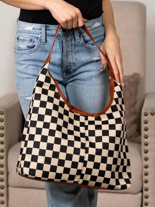 Aili's Corner Metro Check Mixed Media Hobo Bag-Women's Accessories-Shop Z & Joxa