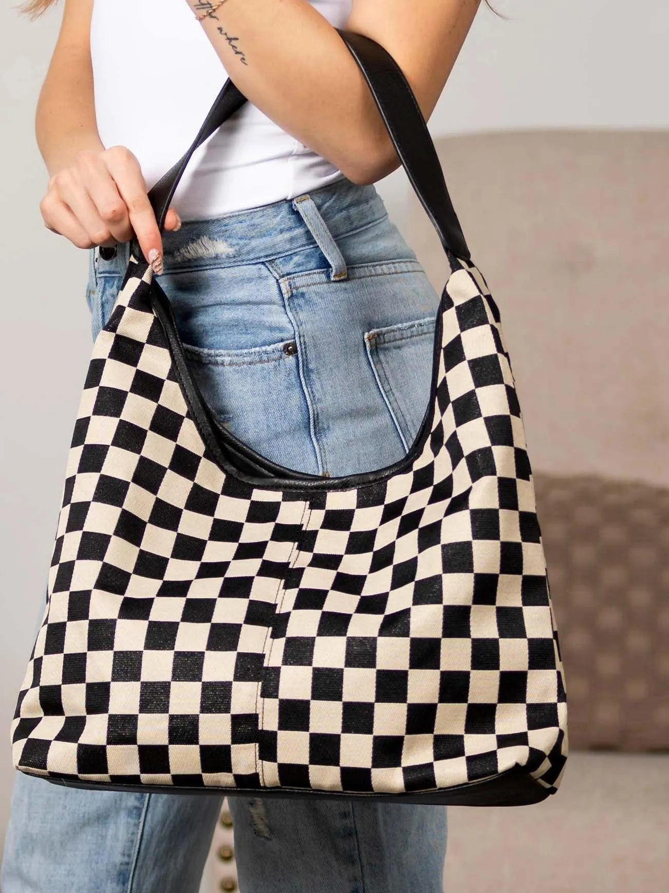 Aili's Corner Metro Check Mixed Media Hobo Bag-Women's Accessories-Shop Z & Joxa