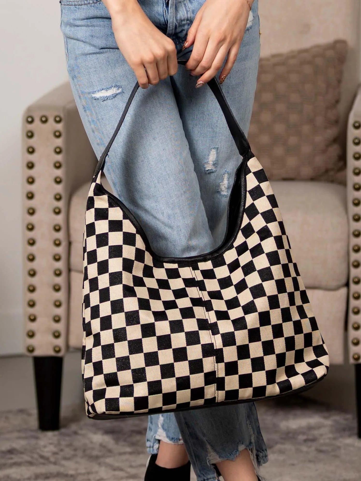 Aili's Corner Metro Check Mixed Media Hobo Bag-Women's Accessories-Shop Z & Joxa