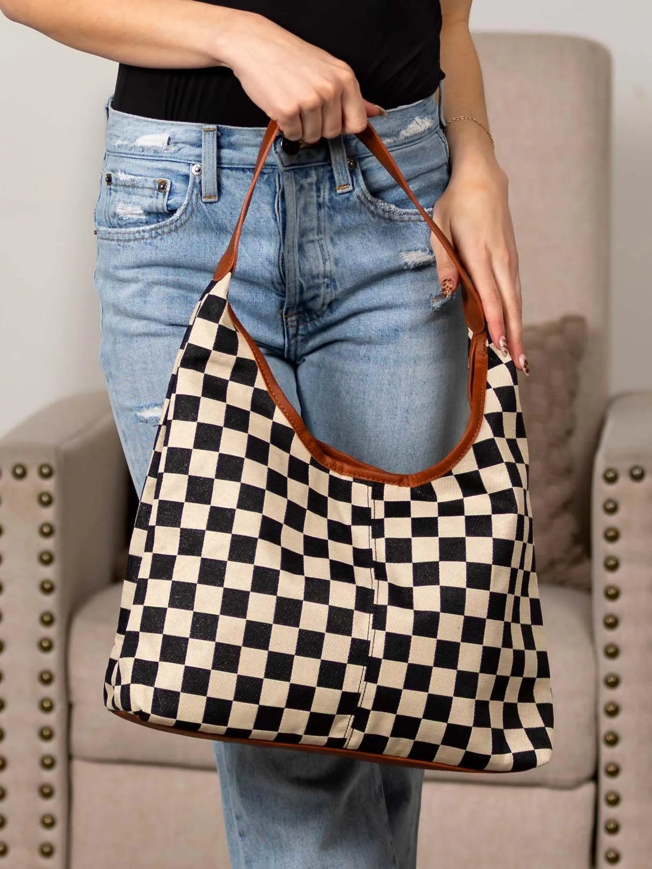 Aili's Corner Metro Check Mixed Media Hobo Bag-Women's Accessories-Shop Z & Joxa