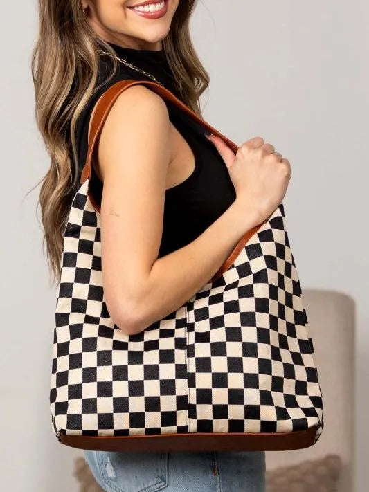 Aili's Corner Metro Check Mixed Media Hobo Bag-Women's Accessories-Shop Z & Joxa