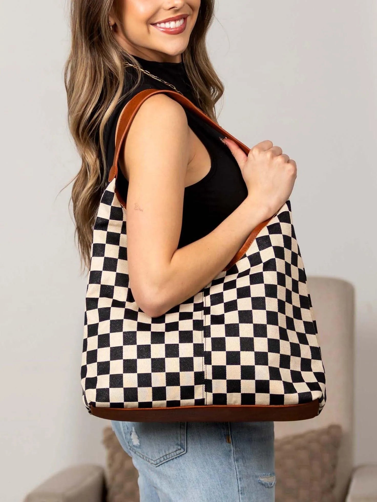 Aili's Corner Metro Check Mixed Media Hobo Bag-Women's Accessories-Shop Z & Joxa