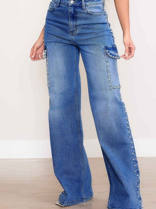 All I Need is Baggy Jeans and Pearls High-Rise Wide Leg Cargo Jeans with Pearl Accents-Women's Clothing-Shop Z & Joxa
