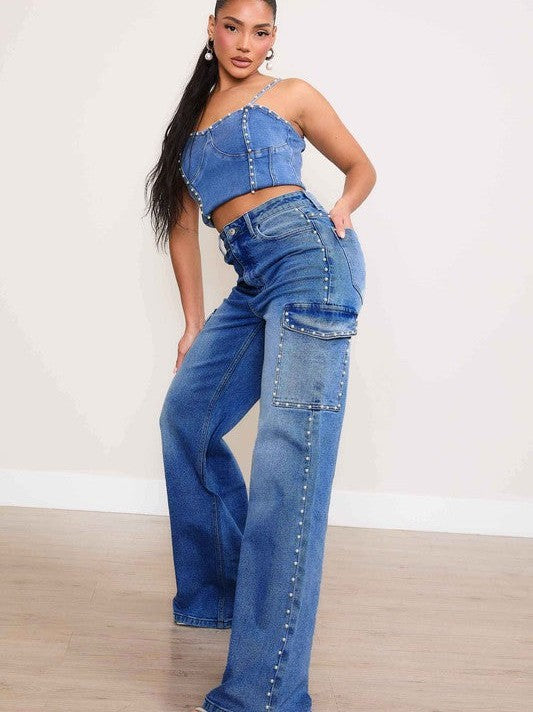 All I Need is Baggy Jeans and Pearls High-Rise Wide Leg Cargo Jeans with Pearl Accents-Women's Clothing-Shop Z & Joxa
