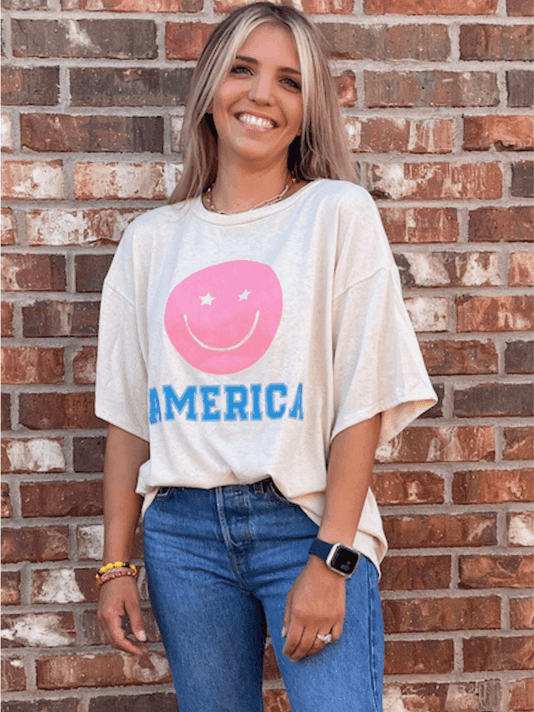 America Oversized Smiley Face Graphic Tee-Women's Clothing-Shop Z & Joxa