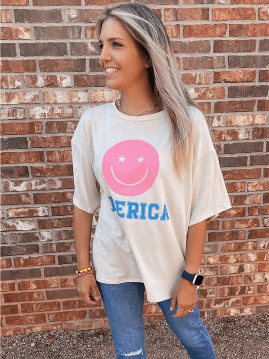 America Oversized Smiley Face Graphic Tee-Women's Clothing-Shop Z & Joxa