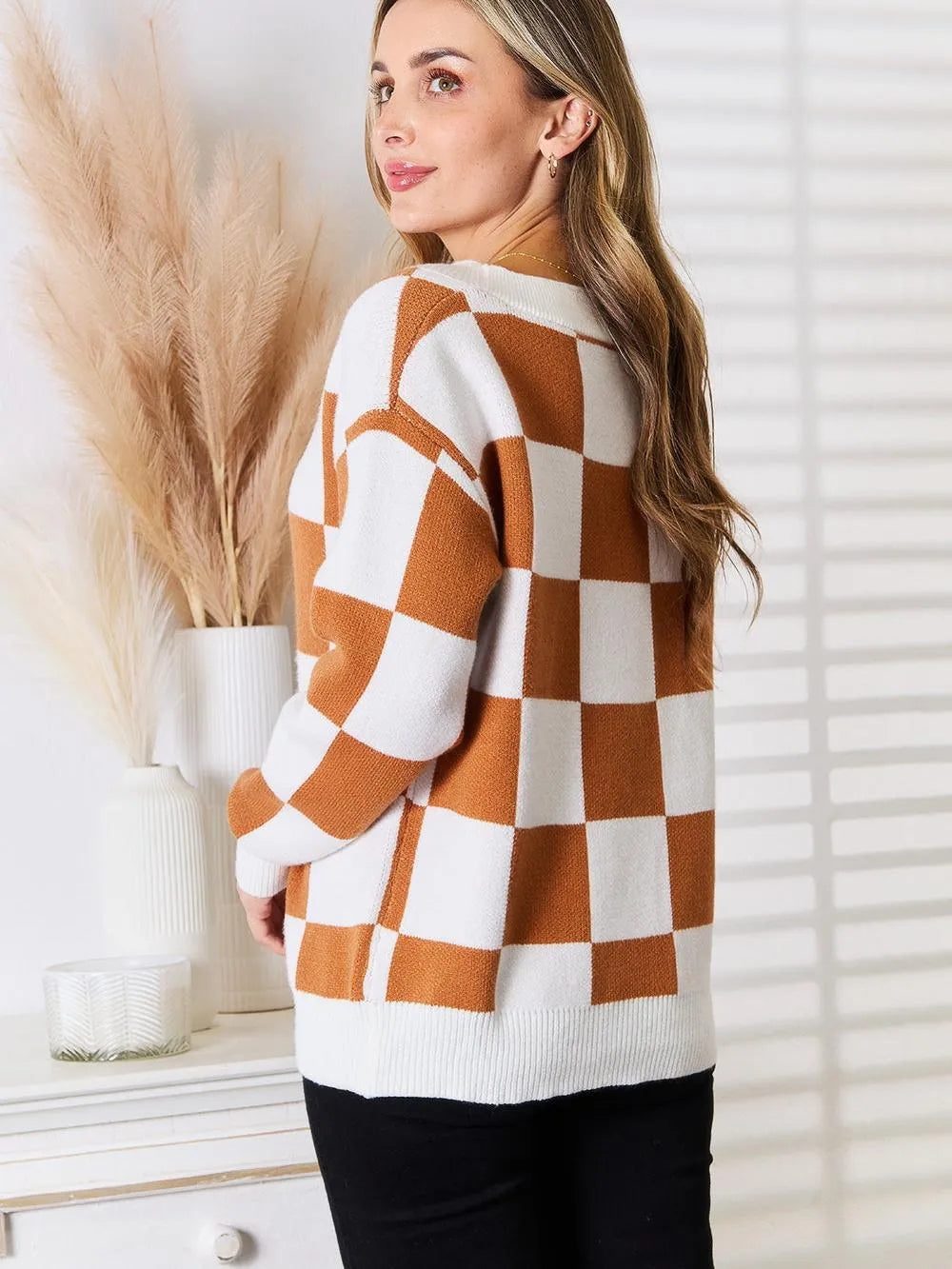 Angel Wings Checkmate Buttonup V-Neck Drop Shoulder Cardigan-Women's Shirts & Tops-Shop Z & Joxa