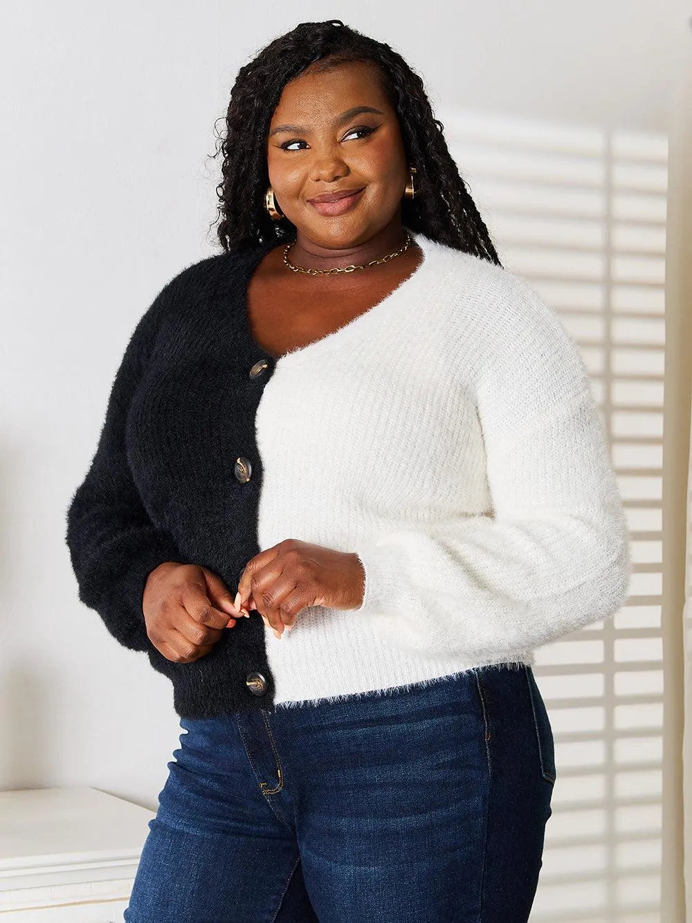 Angel Wings Contrast Crush Black & White Color Block Cardigan-Women's Shirts & Tops-Shop Z & Joxa