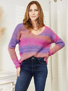 Angel Wings Violet Vibes Multicolored Rib-Knit V-Neck Knit Sweater-Women's Shirts & Tops-Shop Z & Joxa