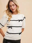 Annie Wear Pretty in Stripes Short Sleeve Knit Top with Bows-Women's Shirts & Tops-Shop Z & Joxa
