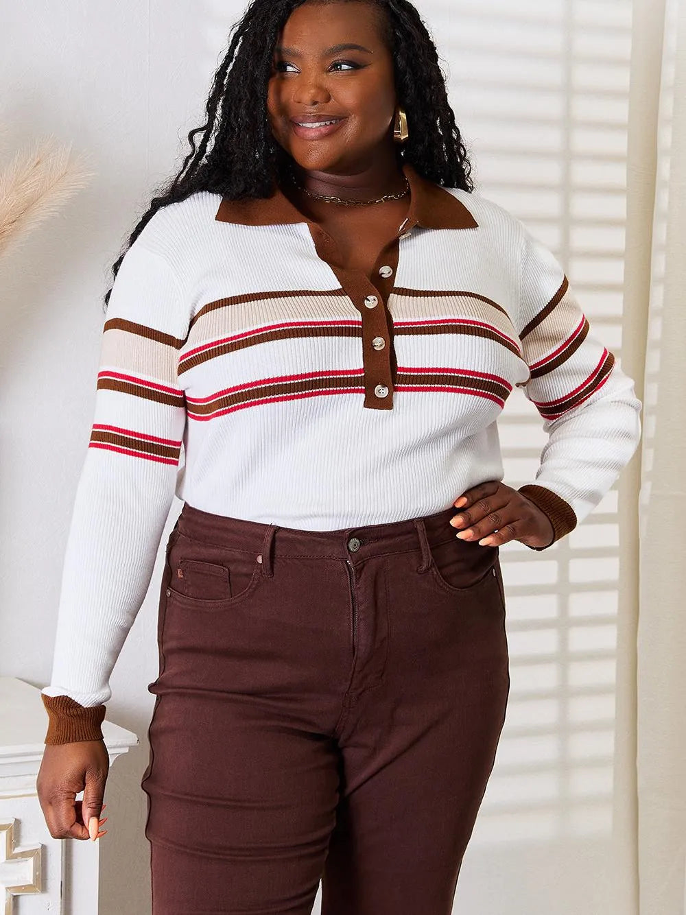Basic Bae Cinnamon Stripes Collared Neck Rib-Knit Top-Women's Shirts & Tops-Shop Z & Joxa