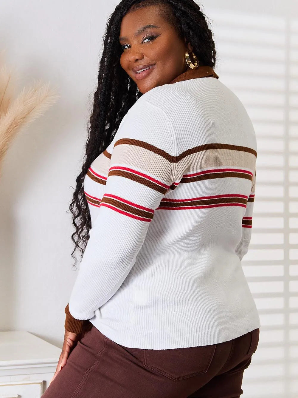 Basic Bae Cinnamon Stripes Collared Neck Rib-Knit Top-Women's Shirts & Tops-Shop Z & Joxa
