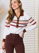 Basic Bae Cinnamon Stripes Collared Neck Rib-Knit Top-Women's Shirts & Tops-Shop Z & Joxa